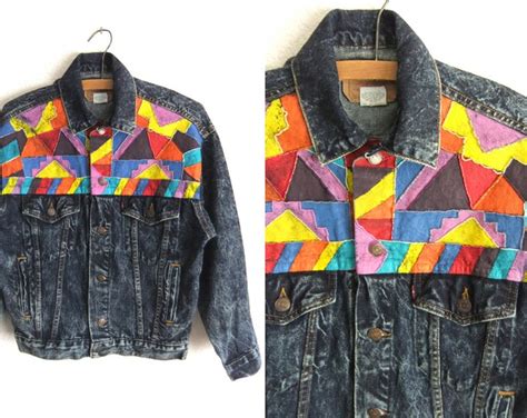 S Hand Painted Acid Wash Denim Jacket Southwestern Tribal Pattern