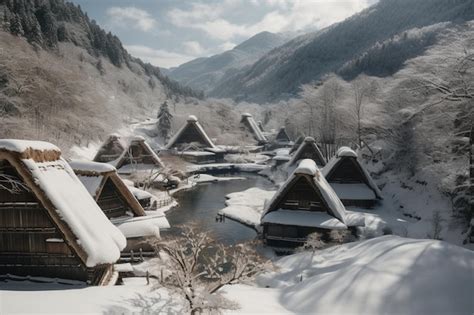 Premium AI Image | A village in the snow with a mountain in the background