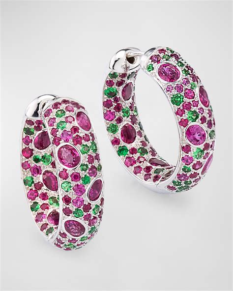 Alexander Laut 18K White Gold Ruby And Tsavorite Hoop Earrings Neiman