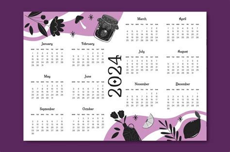 Plantilla De Calendario 2024 Plana En Color Morado Y Negro Vector Gratis