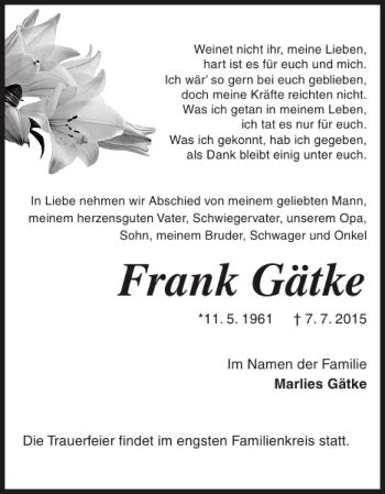 Traueranzeigen Von Frank G Tke Trauer Nordkurier