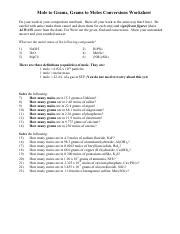 Mole To Grams Grams To Moles Conversions Worksheet Practice Course Hero