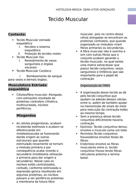 Tecido Muscular Resumo Histologia B Sica Tecido Muscular Contexto