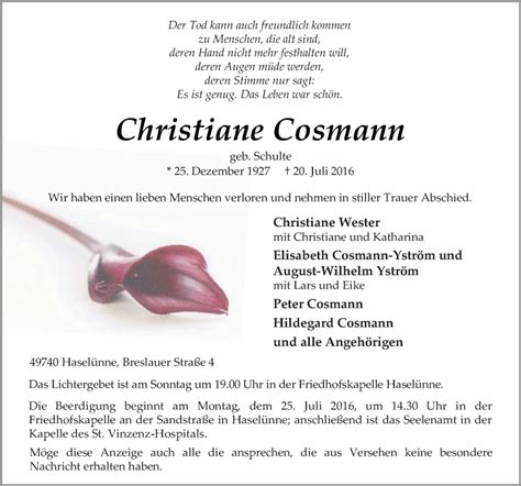 Traueranzeigen Von Christiane Cosmann Noz Trauerportal