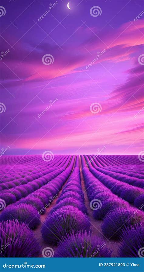 Dreamy Lavender Field Under a Purple and Pink Sky Stock Illustration ...