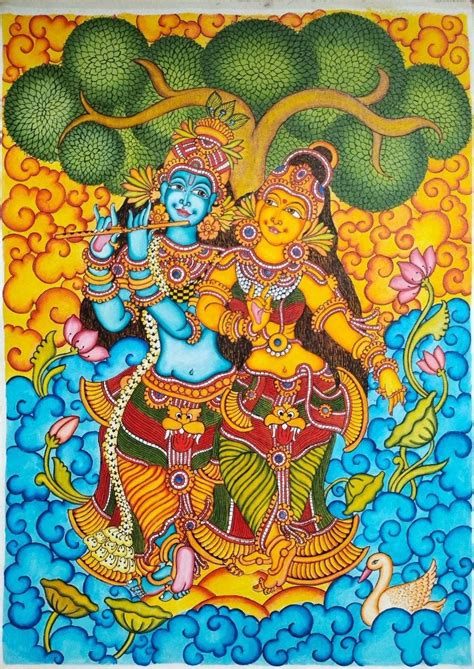 Radha Krishna #2 - Kerala Mural painting (30" x 22") - International Indian Folk Art Gallery