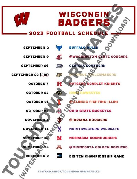 Wisconsin Badgers Football 2023 Printable Schedule BIG 10 - Etsy in ...