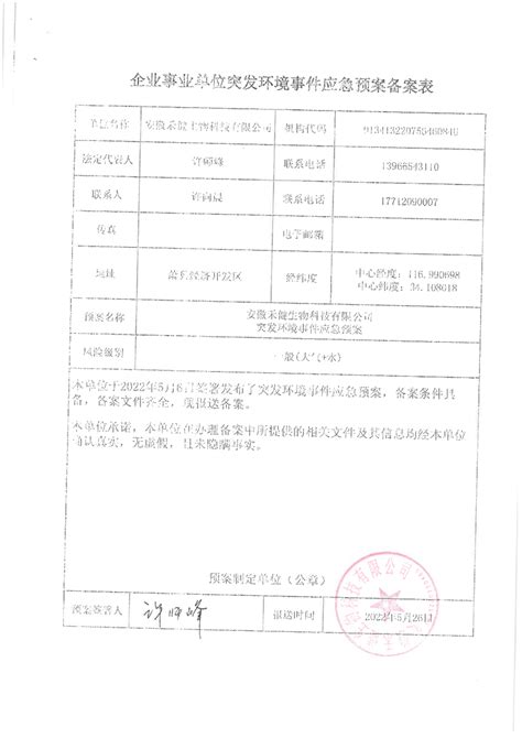 企业事业单位突发环境事件应急预案备案表萧县人民政府