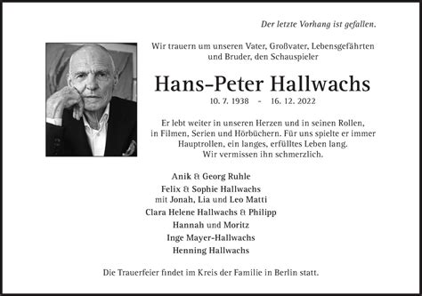 Traueranzeigen Von Hans Peter Hallwachs SZ Gedenken De