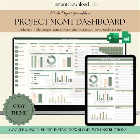 Project management template google excel dashboard project tracker planner spreadsheet kanban ...