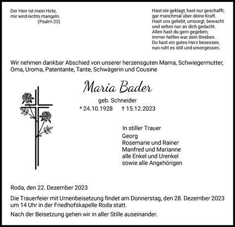 Traueranzeigen Von Maria Bader Trauer Hna De