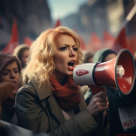 Premium AI Image Photo Of Several Angry Blonde Women Protesting Using Loudspeakers In Front Of