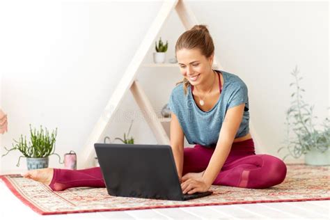 Woman with Laptop Computer at Yoga Studio Stock Photo - Image of ...