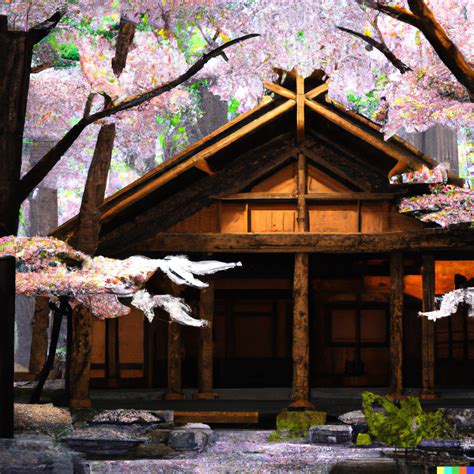 Gustavo × Dall·e Japanese House Made Out Of Dark Wood In Cherry Blossom Forest In The Style Of