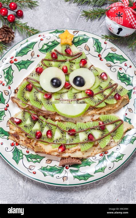 Funny Christmas Tree Shaped Sweet Pancakes Crepes For Breakfast Stock