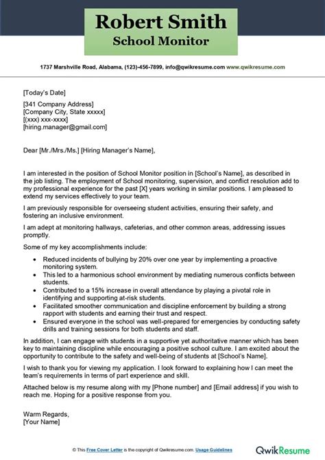 School Monitor Cover Letter Examples Qwikresume