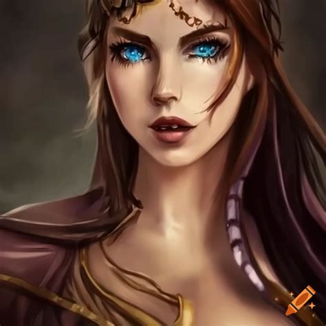 Illustration Of A Blue Eyed Dhampir Woman With Brown Hair