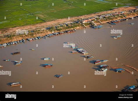 Boats At Port Of Chong Khneas Siem Reap River Near Tonle Sap Lake And