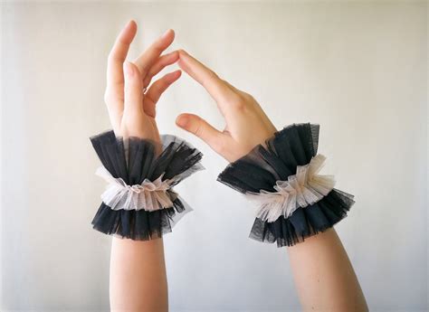 Tulle Ruffle Cuffs Set In Black And Nude Cuffs Renaissance Costume Arm Cuffs Elizabethan