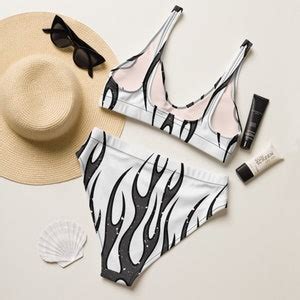 Black And White Flame Recycled High Waisted Bikini Flaming Hot Fire Bikini Etsy