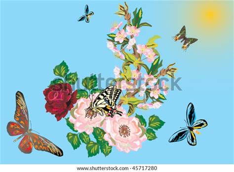 Illustration Butterflies Rose Flowers Decoration Stock Vector Royalty