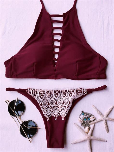 Off Lace Spliced High Neck Padded Bikini Set In Red Zaful