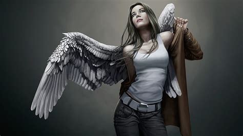 Angel In White Tank Top Wearing Brown Coat Fantasy Art Women Artwork