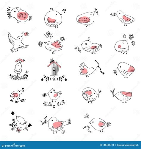 Collection Of Cute Hand Drawn Bird Doodle Black On White Vector Set