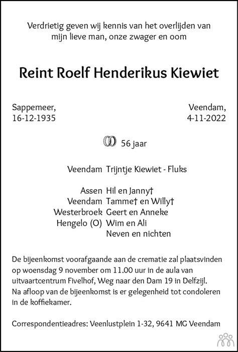 Reint Roelf Hendrikus Kiewiet Overlijdensbericht En