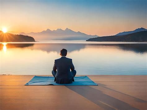 Un hombre meditando en una colchoneta frente a un lago con montañas al