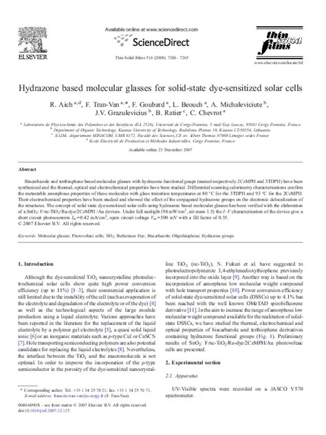 Pdf Hydrazone Based Molecular Glasses For Solid State Dye Sensitized Solar Cells Fabrice