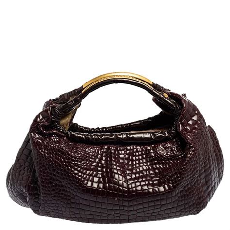 Roberto Cavalli Dark Burgundy Croc Embossed And Patent Leather Side Zip