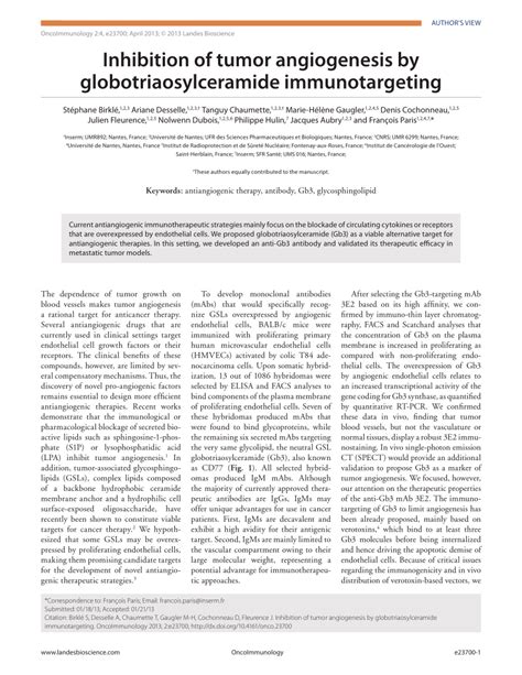 PDF Inhibition Of Tumor Angiogenesis By Globotriaosylceramide