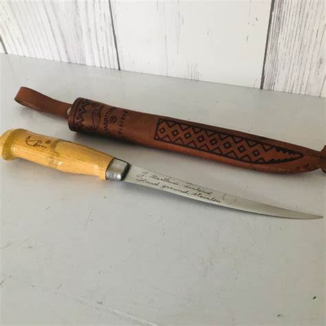 Vintage Knife Leather Sheat S J Marttiini Finland Knife Signed Wood