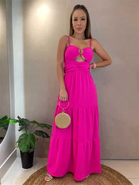 Vestido Midi Decote Vazado Argola Lastex Alcinha Babados Pink Neon