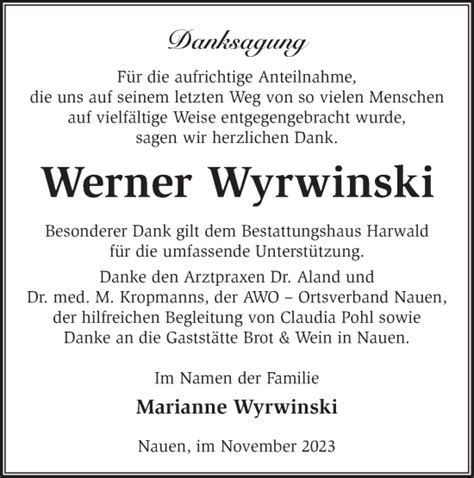 Traueranzeigen von Werner Wyrwinski Märkische Onlinezeitung Trauerportal