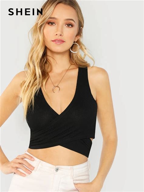 Buy Shein Black Ribbed Knit Tie Crop Top Party Casual Sexy Plain Knot V Neck