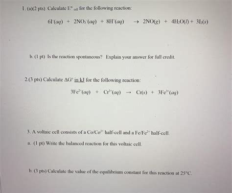 Solved A Pts Calculate E Cell For The Following Chegg