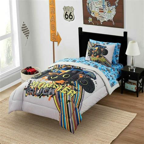 Kids Twin Bedding Set Printed Monster Truck Sheet Set and Comforter