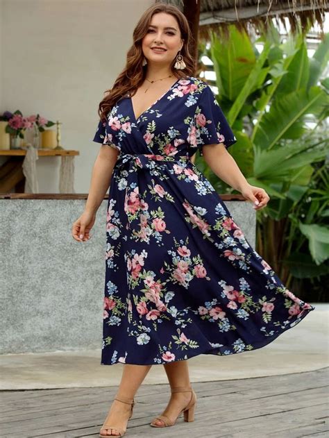 Plus Floral Print Surplice Front Dress With Belt Shein Usa Tie Neck