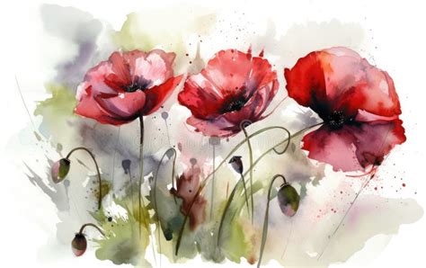 Red Poppy Flower Art Illustration Painted With Watercolors Isolated On