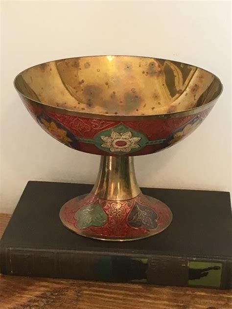 Large Cloisonne Brass Enamel Bowl Pedestal Bowl Compote 8 5 Etsy