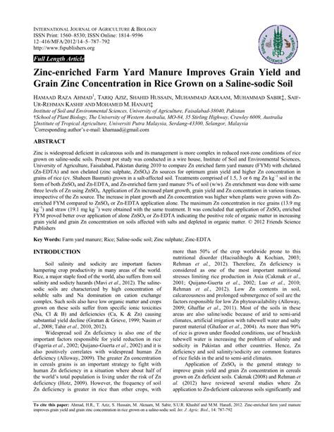 Pdf Zinc Enriched Farm Yard Manure Improves Grain Yield And Grain Zinc Concentration In Rice