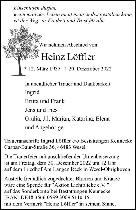 Traueranzeigen von Heinz Löffler Trauer in NRW de