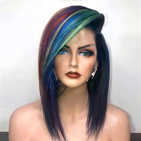 Lace Front Colorful Rainbow Wigs Straight Fiber Synthetic Short