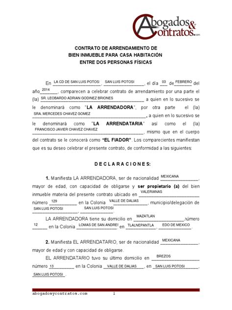 Contrato De Arrendamiento Para Llenar Pdf Alquiler Derecho Y Economía