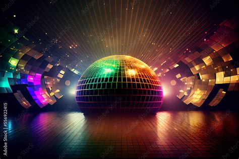 Retro Colorful Disco Background With Mirror Ball And Spotlights On The