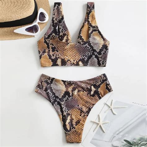 Womens Snake Bikini Set Snakeskin Push Up Bra V Neck Swimwear Swimsuit