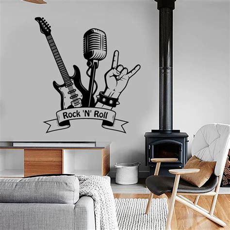 Sticker Mural Avec Guitare Et Microphone Style Rock Pour Votre