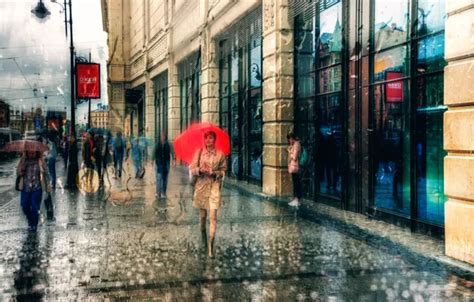 Wallpaper Girl Rain Umbrella Saint Petersburg Passers By For Mobile